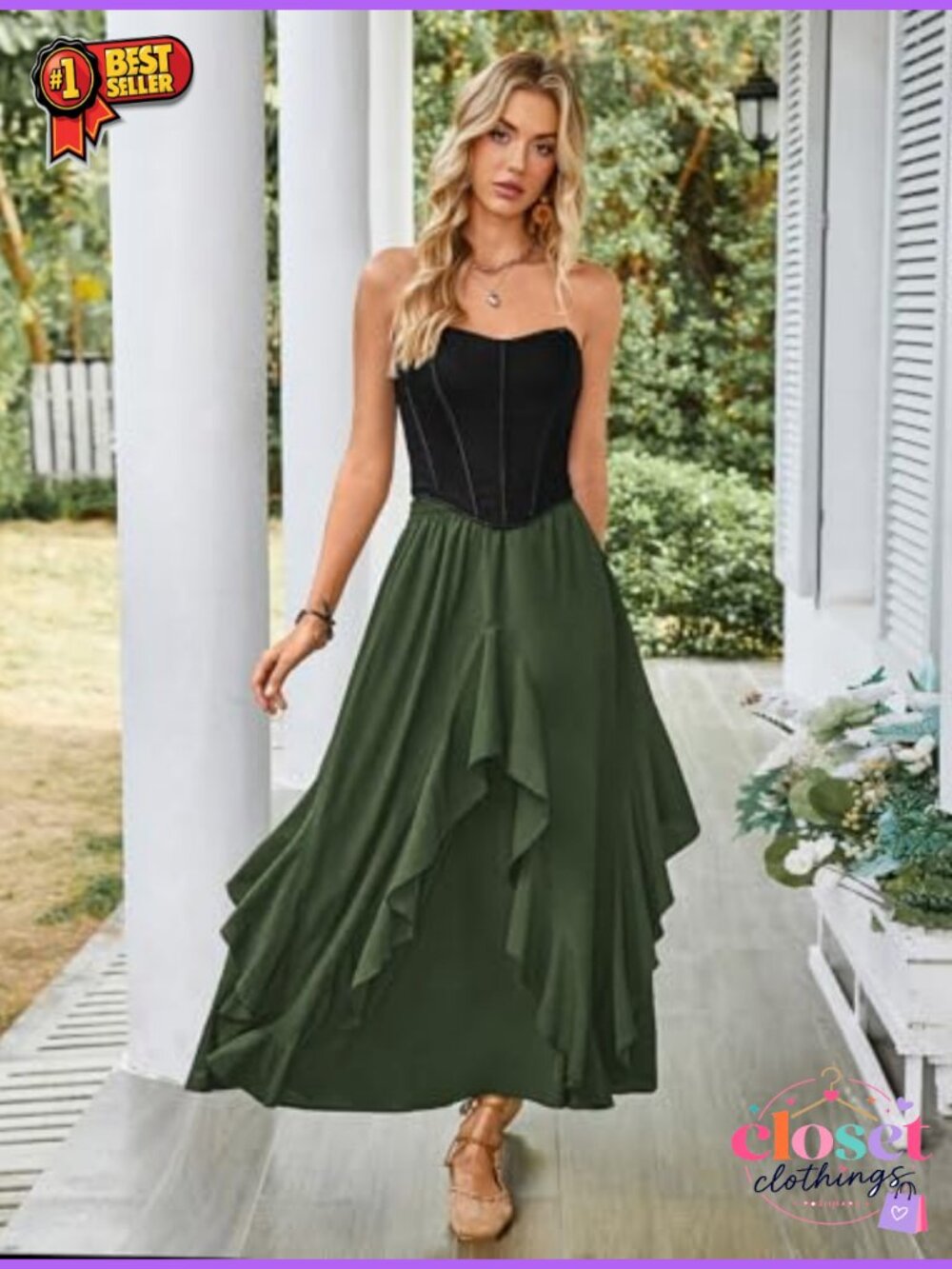 Ruffled Flowy Renaissance Maxi Skirt Women A-Line Double-Layered Pockets - Picture 4 of 6